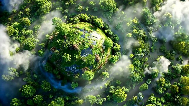 Aerial view of a vibrant, forested mini-planet amidst a lush green canopy and clouds