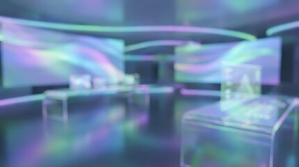 A futuristic room with holographic displays and transparent glass tables in a dark setting with neon light reflections on the walls and floor creating a high tech ambiance for innovation