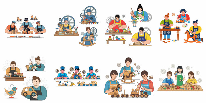 Collection of illustrations showcasing artisans crafting and decorating traditional wooden toys, including cars, trains, and dolls, emphasizing handmade production.