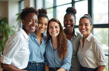 Obraz premium Group of diverse women smile together in office environment. They collaborate, showing unity and friendship. Pro ladies pose for photo. Teamwork feels strong.
