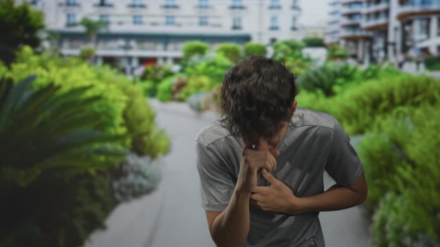 Teenage boy clutching his hand to his chest and coughing on a building walkway lined with plants; distress emergency.