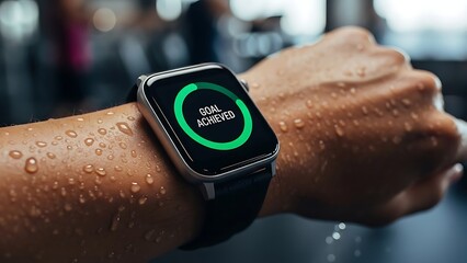 A close-up of a sweaty arm wearing a smartwatch displaying "GOAL ACHIEVED" after a workout.