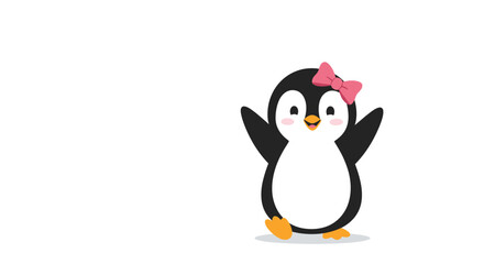 Obraz premium A simple and adorable cartoon of a happy girl penguin with a pink bow, waving its flippers and walking on a white background.