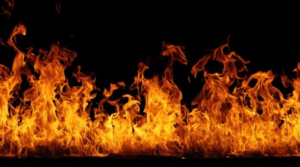 Dynamic burning flames against a black backdrop, highlighting intense heat and radiant orange yellow tones. lab safety posters, STEM learning materials, designed for laboratory awareness and education