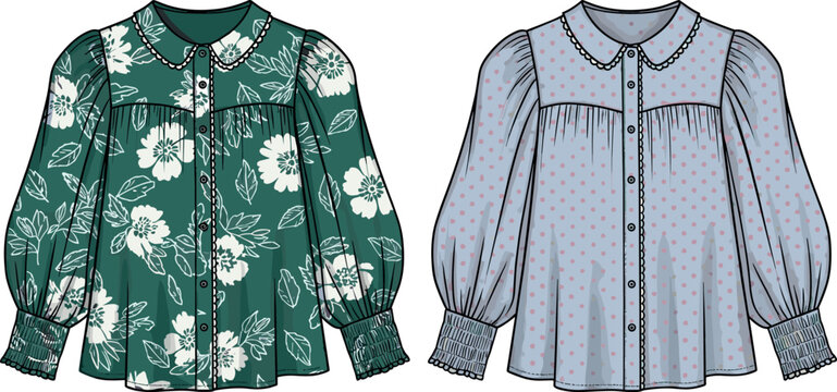 Technical Fashion Flat Sketch of Women's Floral Print Long Sleeve Blouse with Peter Pan Collar, Shirred Yoke, and Smocked Cuff Vector.