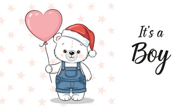 A cute polar bear in overalls and a Santa hat holds a pink heart balloon for an 'It's a Boy' baby shower announcement.