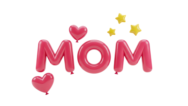 3D Mom Balloons and Stars on transparent background - Powered by Adobe