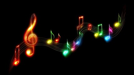 Glowing, colorful musical symbols flow across dark background lines