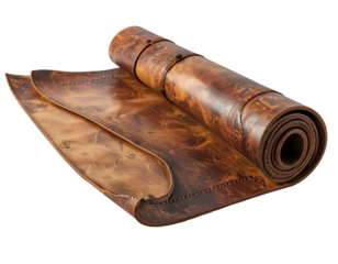 Aged brown rolled leather mat with rustic stitched accents