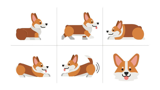 Adorable Corgi dog character in a set of six different poses and expressions, including standing, walking, lying, stretching, wagging its tail, and a happy face close-up.