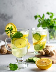 Fototapeta premium Refreshing Detox Water with Lemon, Cucumber, and Mint in Elegant Glasses.