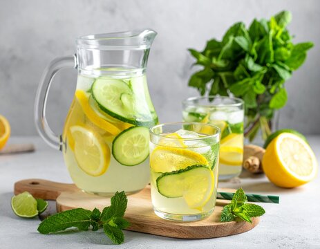 Refreshing Cucumber and Lemon Infused Water with Mint Leaves in a Glass Pitcher.