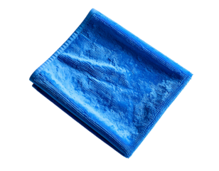 Blue microfiber cloth folded, textured fibers, isolated on black