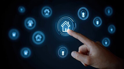 Human finger interacts with glowing digital interface representing home automation system controls