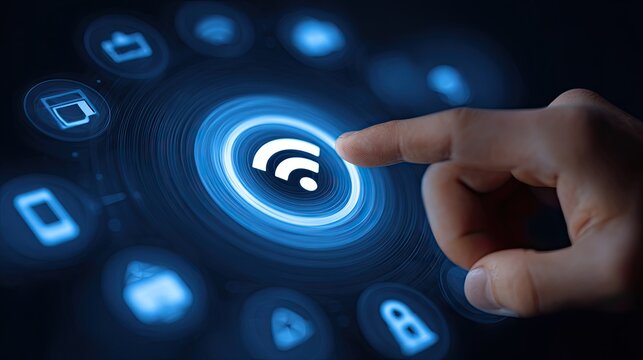 Human finger interacts with glowing digital interface featuring wireless connectivity symbol - Powered by Adobe