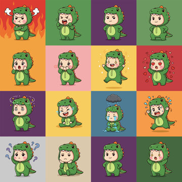 Collection of Adorable Children Dressed as Dinosaurs Expressing Various Emotions.