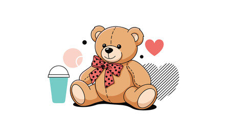 Fototapeta premium A cute brown teddy bear with a large polka-dot bow, sitting with a drink cup and surrounded by abstract heart shapes.