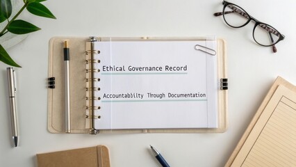 Professional Ethical Governance Record with Pen and Glasses on Table for Accountability and Documentation Support Activities