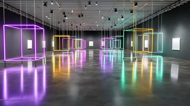 Modern gallery with glowing neon cubes reflecting on polished floor and blank wall frames