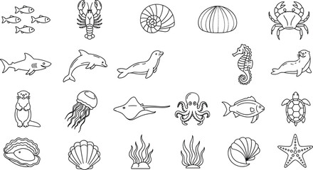 Hand Drawn Sea Life Line Icons Set Featuring Marine Animals Shells Fish and Ocean Creatures Isolated Vector Illustration © Mst