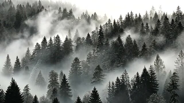 Misty, monochrome evergreen forest scene with dense trees shrouded in fog, serene winter