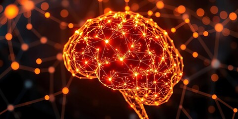 Abstract glowing network nodes forming AI brain,  vector,  digital art