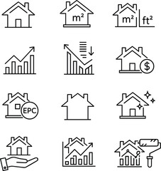 Fototapeta premium Real estate and property analytics line icons set featuring house valuation, energy rating, renovation, investment growth, and market trends