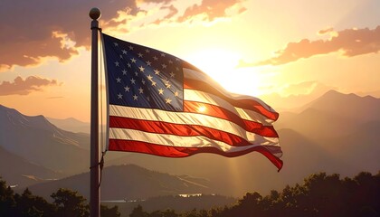 A vibrant sunset casts a warm glow upon an American flag waving proudly against a mountain backdrop. A patriotic scene