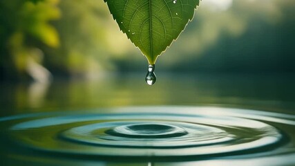 A close-up shot of a single drop of water dripping from a leaf into a calm natural pond - Powered by Adobe