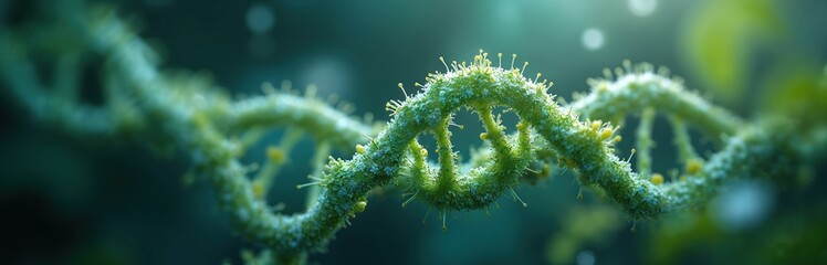 Fototapeta premium Green plant DNA helix structure. Scientific research on future crop cultivation, agriculture innovation, and biotechnology. Genetic modification for plant breeding.