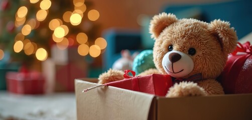 Plush teddy bear sits in donation box full of gifts. Christmas tree lights glow in background. Festive holiday spirit kindness and generosity.