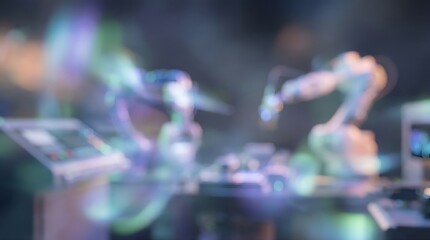 Blurry futuristic robotic arms working on a table with laptop and equipment in a dark room with colorful lights and smoke