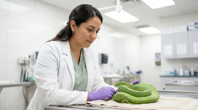 Female veterinarian  examining a green tree python during medical check