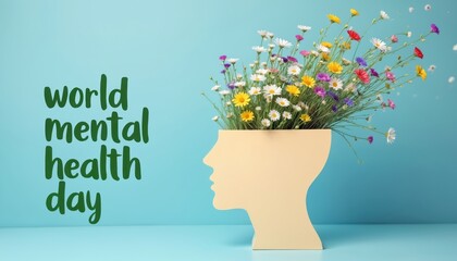 World mental health day concept. Silhouette head with flowers blooming. Awareness, wellness, and mind balance theme. Bright colors represent positivity and hope. Simple, clean design.