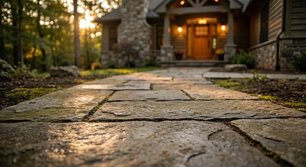 Stone pathway leading to a luxurious house entrance at sunset.