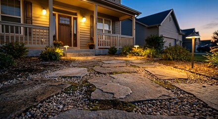 Modern house exterior with illuminated pathway at dusk.