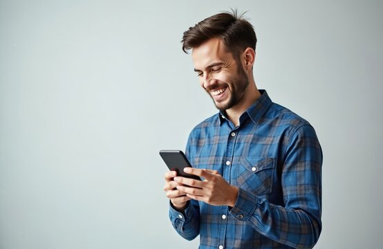 Young man in blue plaid shirt laughs while texting on cellphone. He has beard and short hair, light background. Casual attire, good mood, happy expression, copy space.
