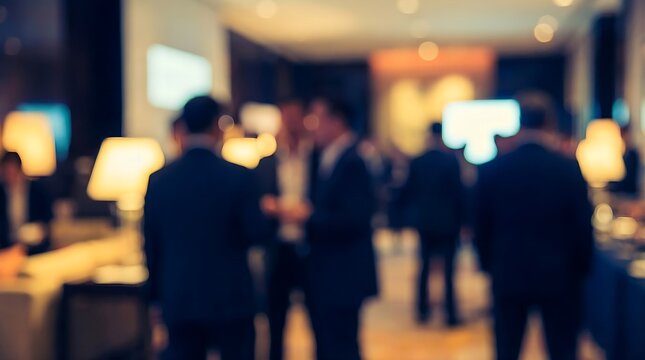 Business people networking at a corporate event in a modern lounge with warm lighting and blurred background