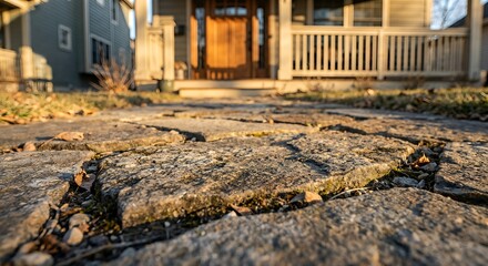 Cracked concrete pathway leading to a house entrance with a wooden door.
