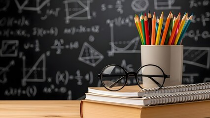 Colorful pencils and glasses on a stack of books in front of a blackboard