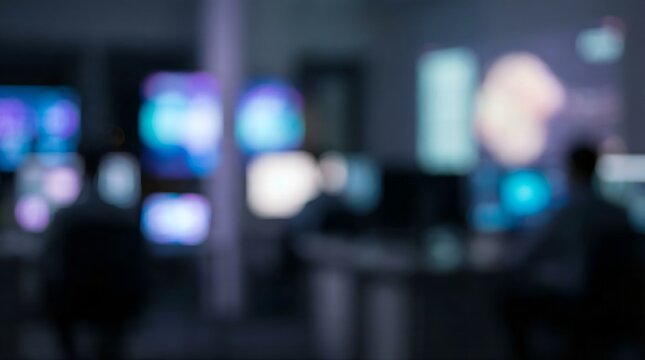 Blurred people working in a dark office with neon computer screens and blue purple lighting