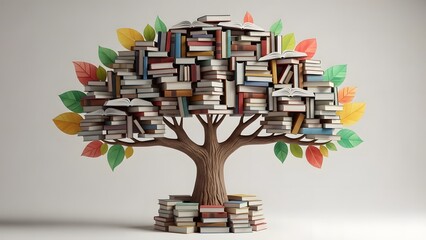 A tree made of books with colorful leaves on a plain background