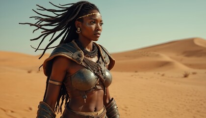 African warrior woman with dreadlocks stands in desert dunes. She wears armor and face paint, embodying strength and resilience. Her gaze is determined, looking towards the horizon under a clear sky.