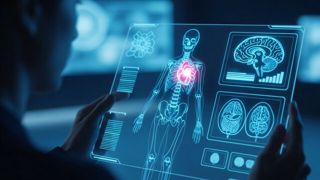 Futuristic Medical Interface showing Human Anatomy and Heart Diagnostic on Digital Tablet - Powered by Adobe