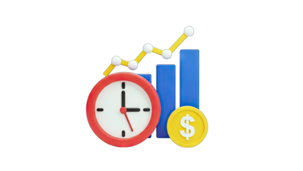 3D Clock Bar Chart and Coin - Financial Growth Concept on transparent background