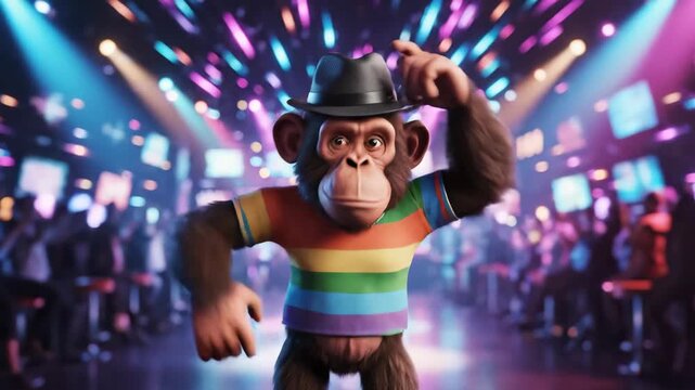 Dancing Monkey in Club Wearing Rainbow Shirt and Hat