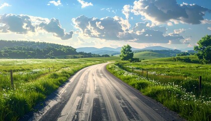 Obraz premium Scenic Country Road Leading Through Lush Green Fields Under a Cloudy Sky.