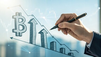 Bitcoin technology icon with upward arrow graph symbolizes growth and innovation in digital currency financial market investment success