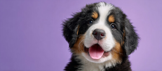 Adorable australian shepherd puppy with a fluffy black, white, and brown coat, bright eyes, and a joyful expression with tongue out against a purple background