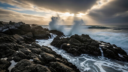 Dramatic powerful ocean waves crash against a rugged coastline with golden sunbeams piercing stormy clouds.
